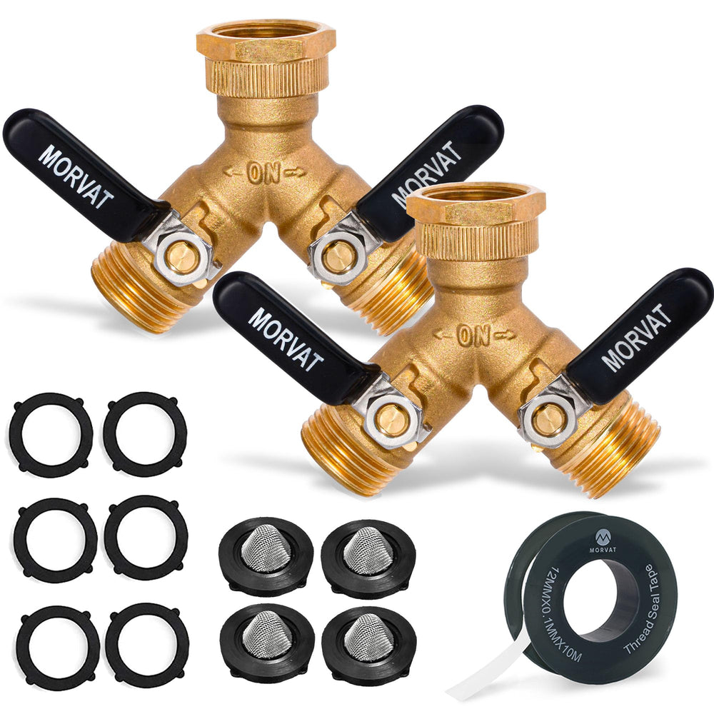 Morvat front view showing 2-way splitter and durable brass body, reliable dual outlet