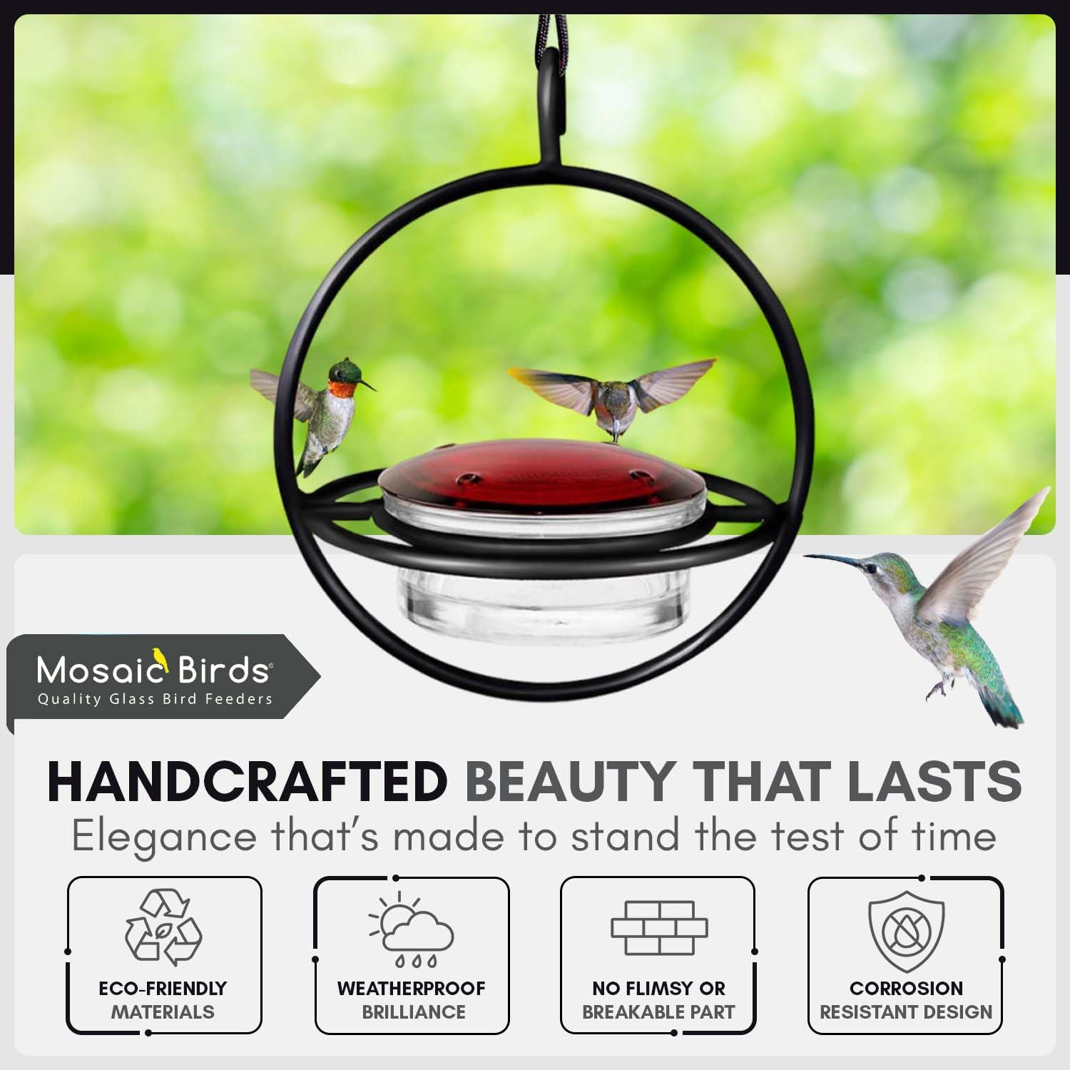 Mosaic Birds close-up of glass bowl interior, easy-to-clean and clear for nectar monitoring