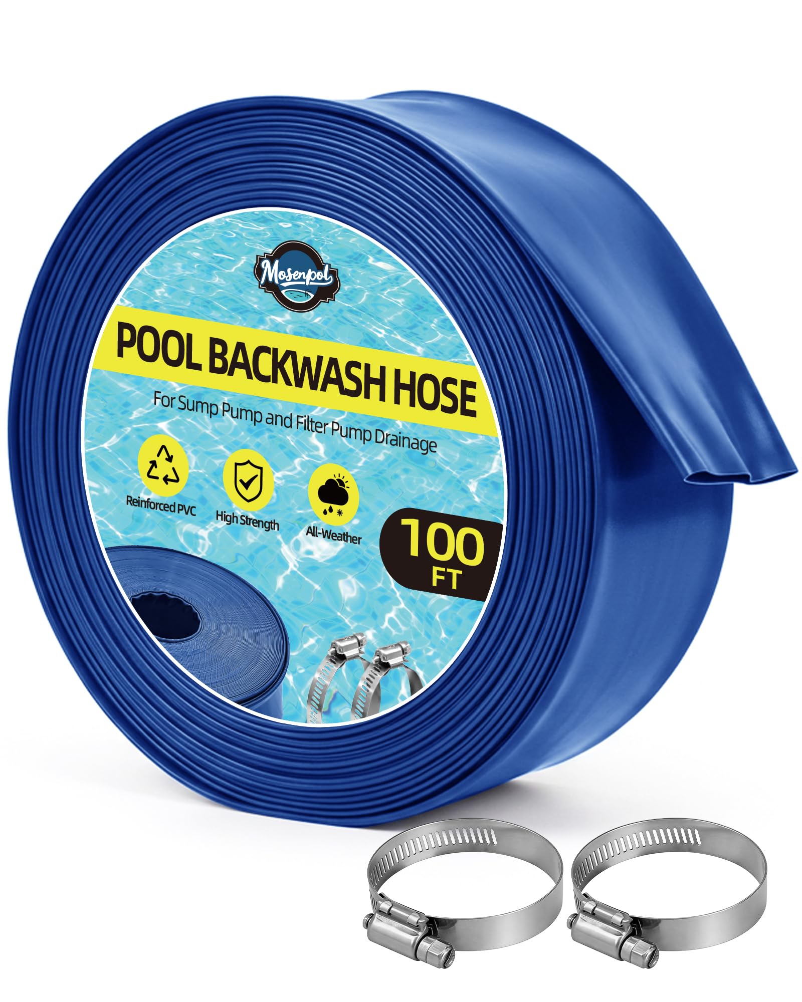 Mosenpol coiled 100ft hose front view showing length and layflat design for easy storage