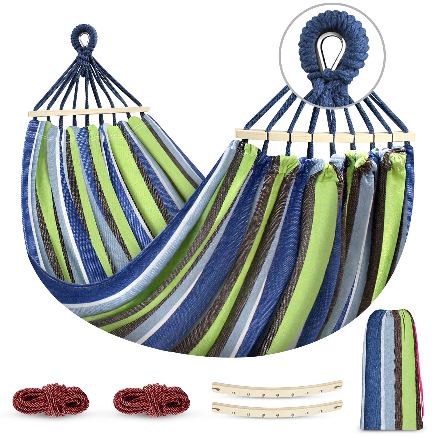 MOSFiATA front view of light green hammock showing roomy bed and straps for comfortable relaxation