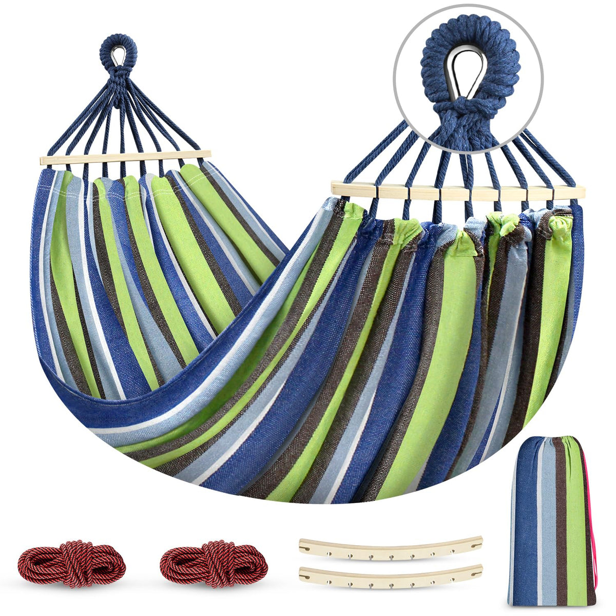 MOSFiATA front view of light green hammock showing roomy bed and straps for comfortable relaxation