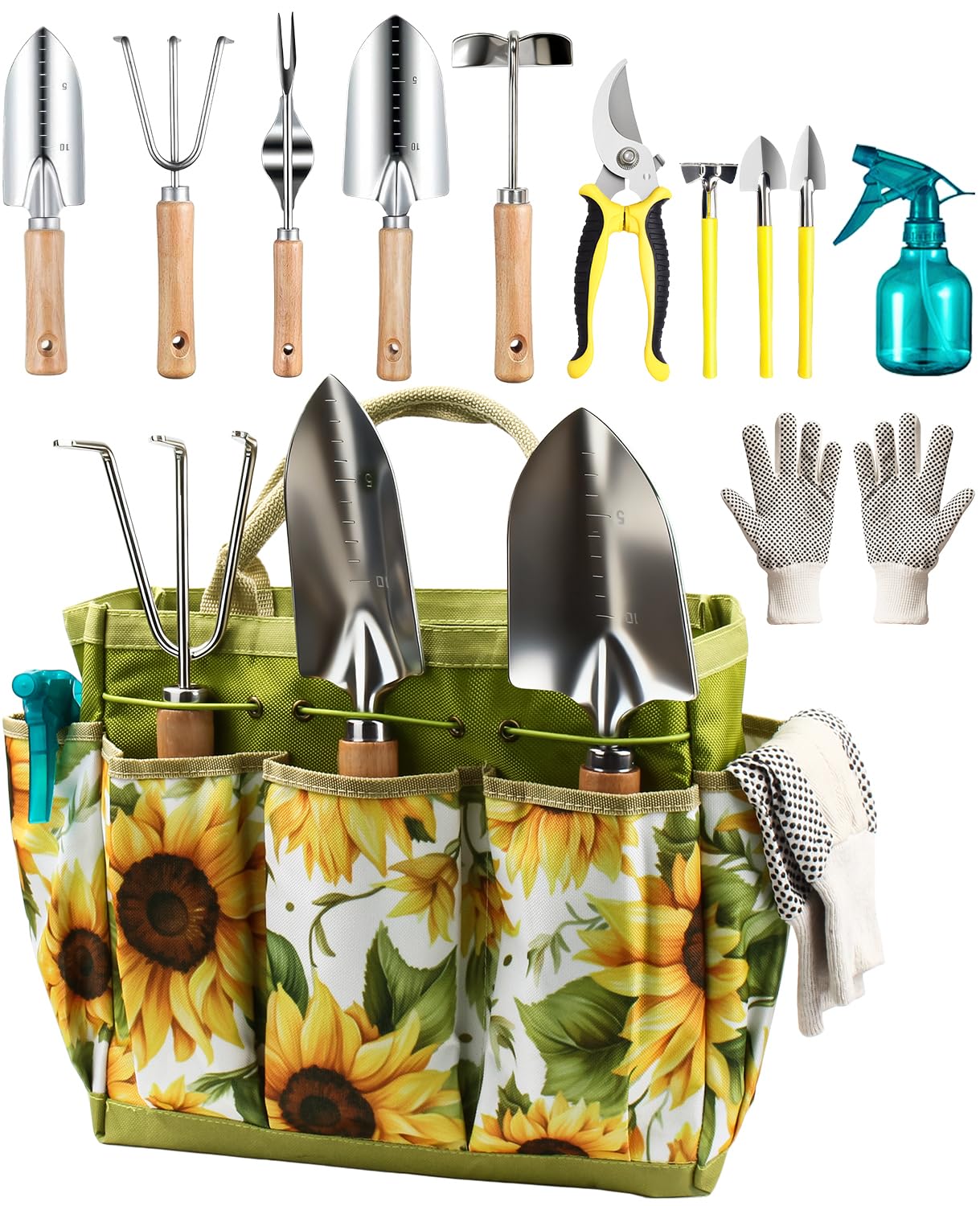 MOSFiATA front view showing all 12 tools and tote for organized gardening