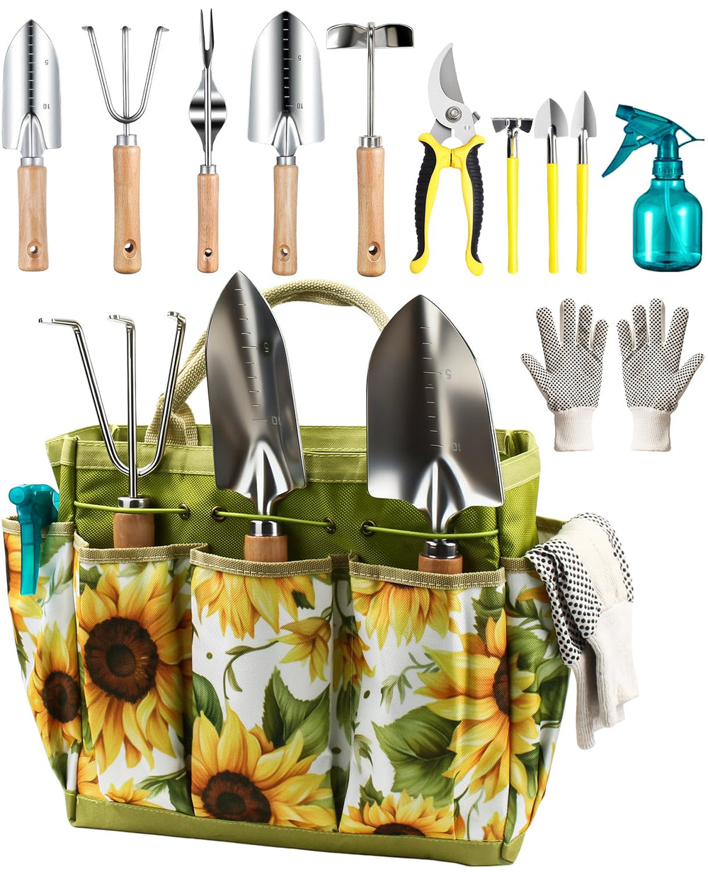 MOSFiATA front view showing all 12 tools and tote for organized gardening