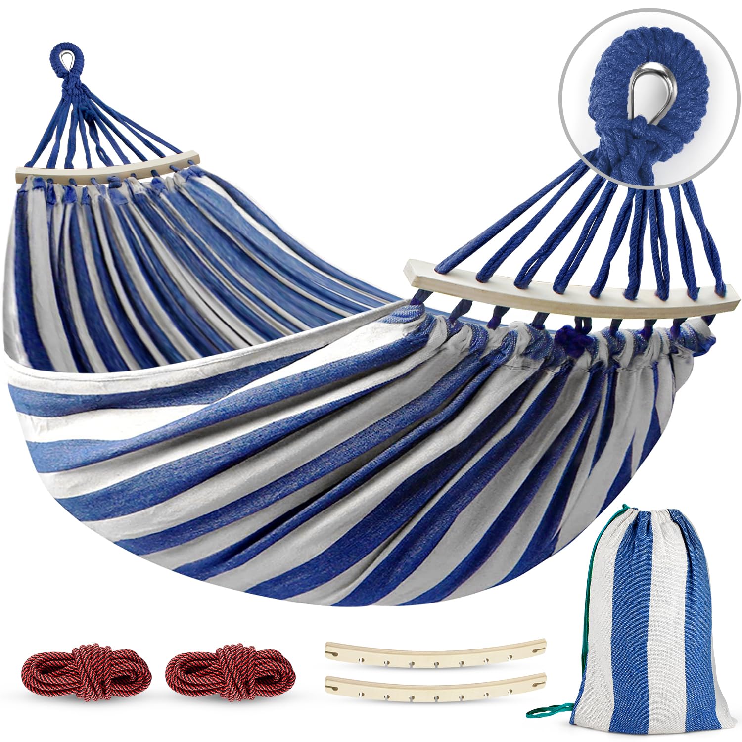 MOSFiATA hammock front view showing full blue white canvas and spacious bed comfort