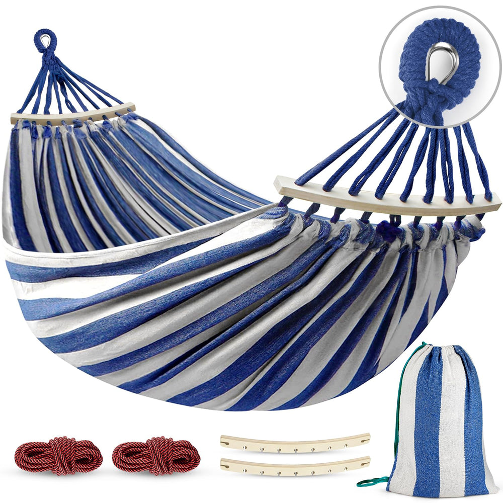 MOSFiATA hammock front view showing full blue white canvas and spacious bed comfort