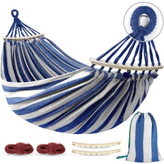 MOSFiATA hammock front view showing full blue white canvas and spacious bed comfort