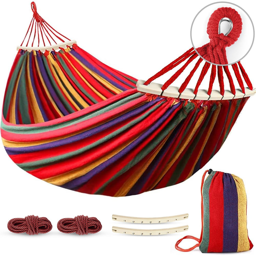MOSFiATA lifestyle backyard setup with hammock hung between trees for relaxing outdoors