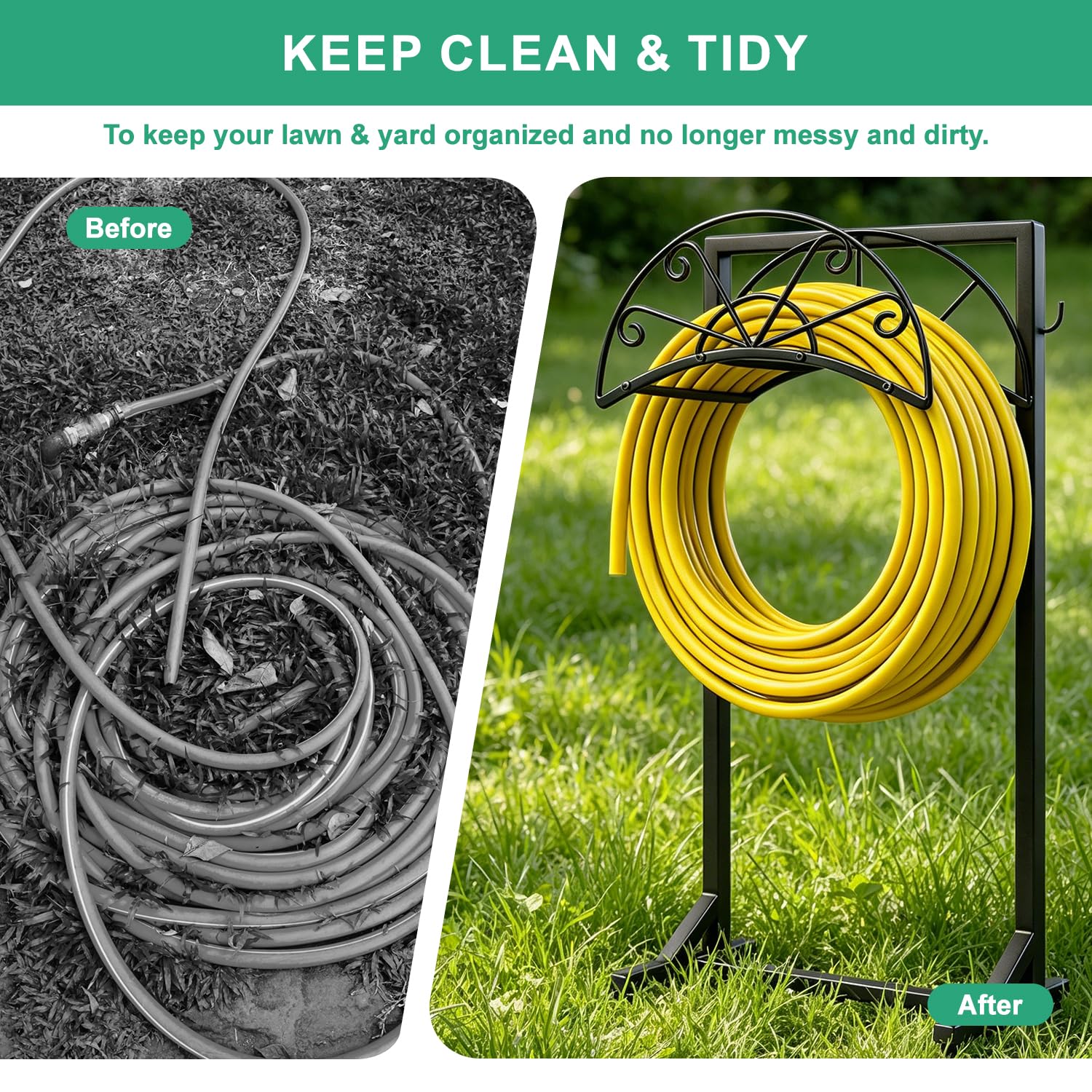 MOSIKEN hose holder next to a watering can for scale showing compact footprint