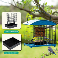 Mosloly feeder with two suet cakes and seed tray showing dual feeding options