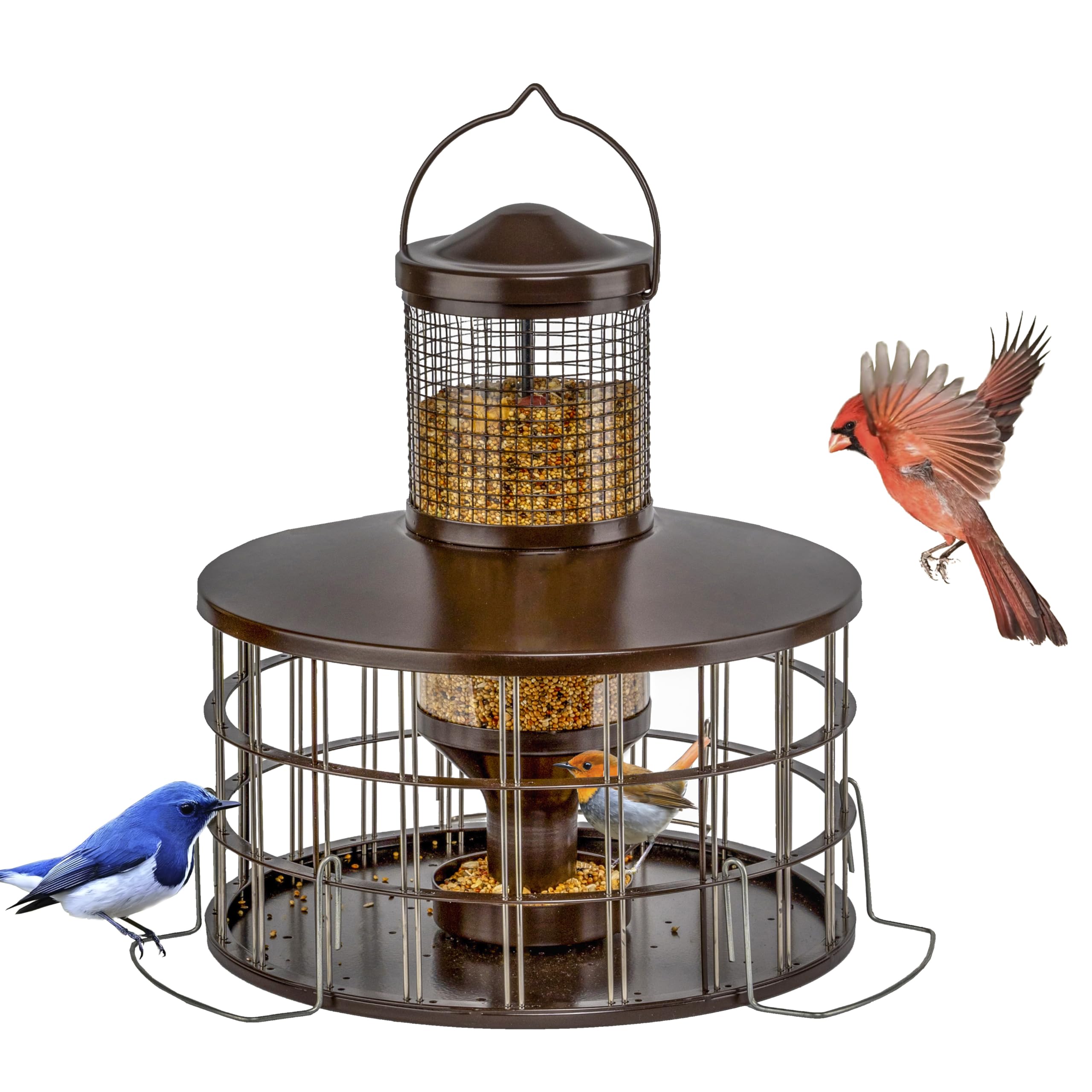 Mosloly front view copper feeder showing cage and tube, helps deter squirrels
