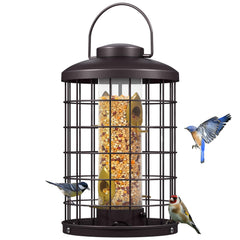 Mosloly front view copper tube feeder showing durable cage and clear tube benefit: visibility