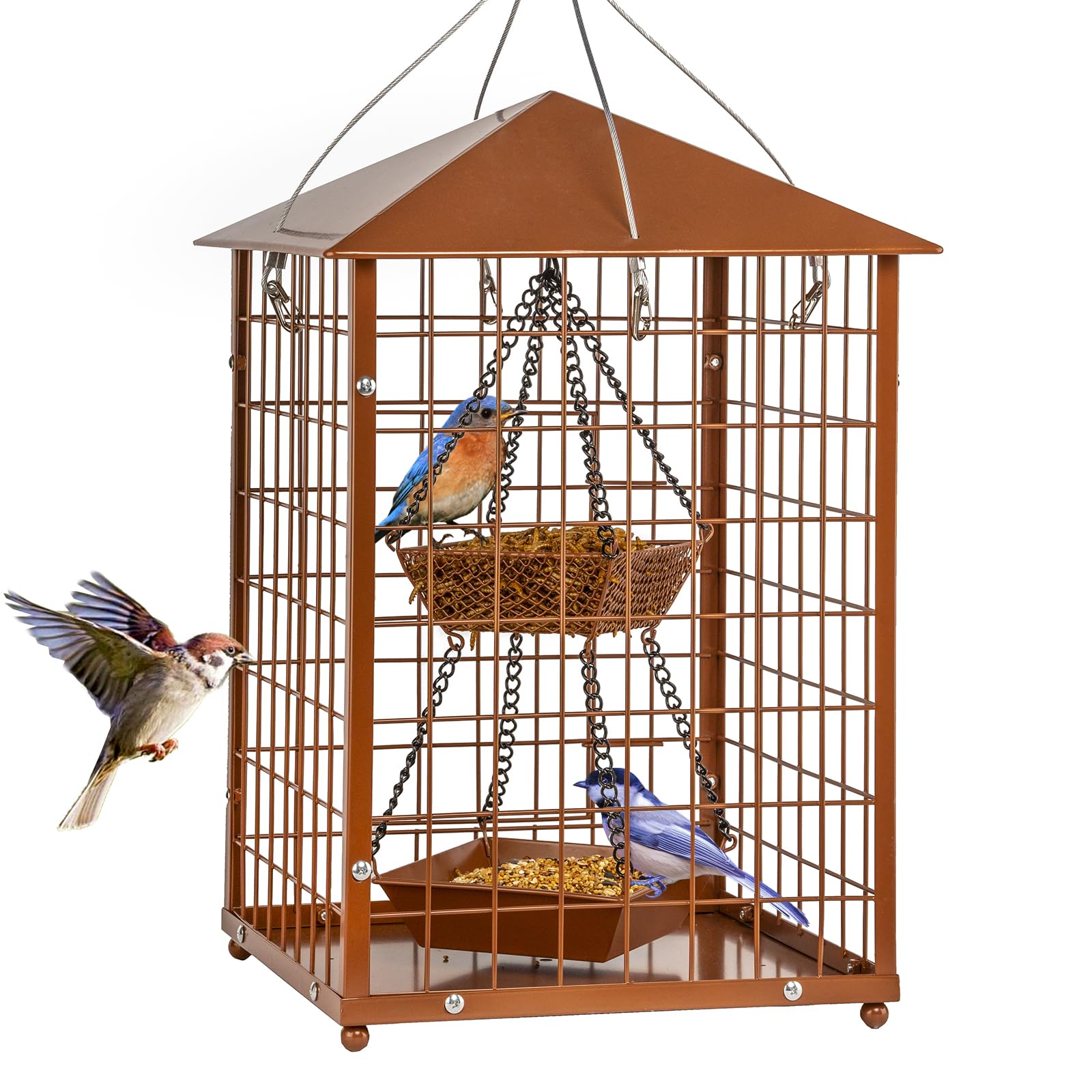 Mosloly front view hanging feeder showing squirrel-proof cage and benefit: secure feeding