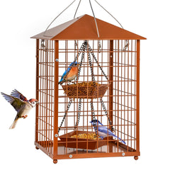 Mosloly front view hanging feeder showing squirrel-proof cage and benefit: secure feeding