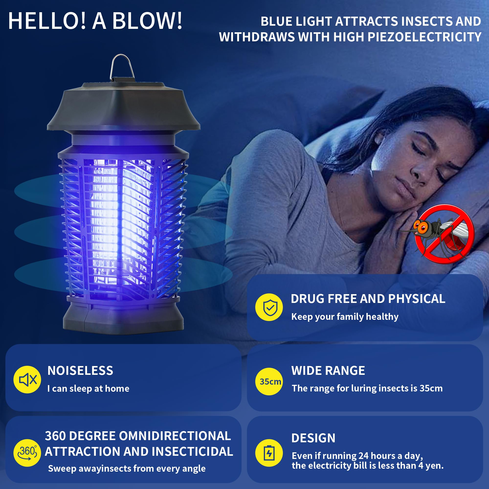 Mosqueda lit at night demonstrating strong insect attraction for outdoor use benefit
