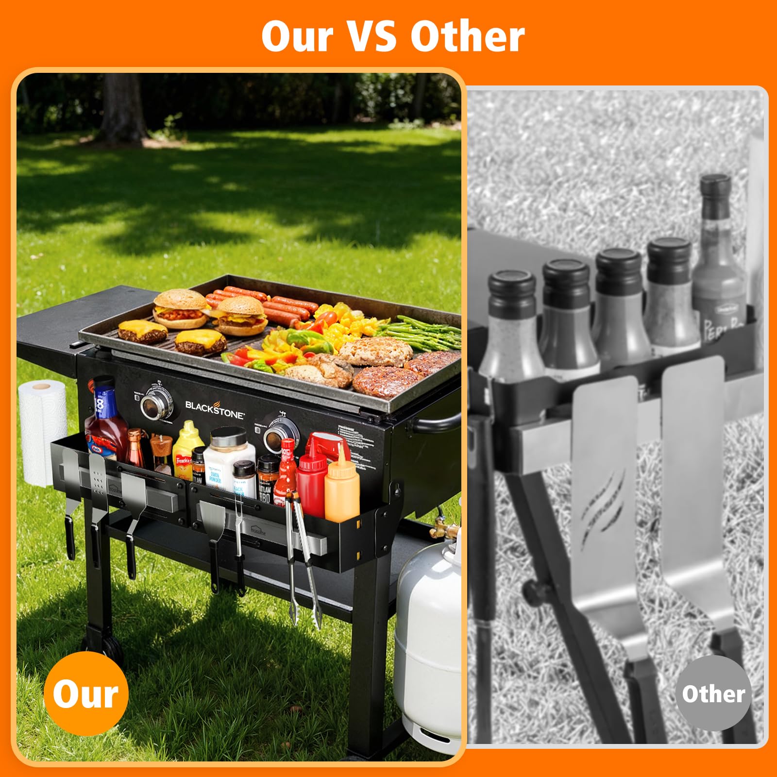mossime caddy mounted on Blackstone griddle benefit: neat front-mounted workstation