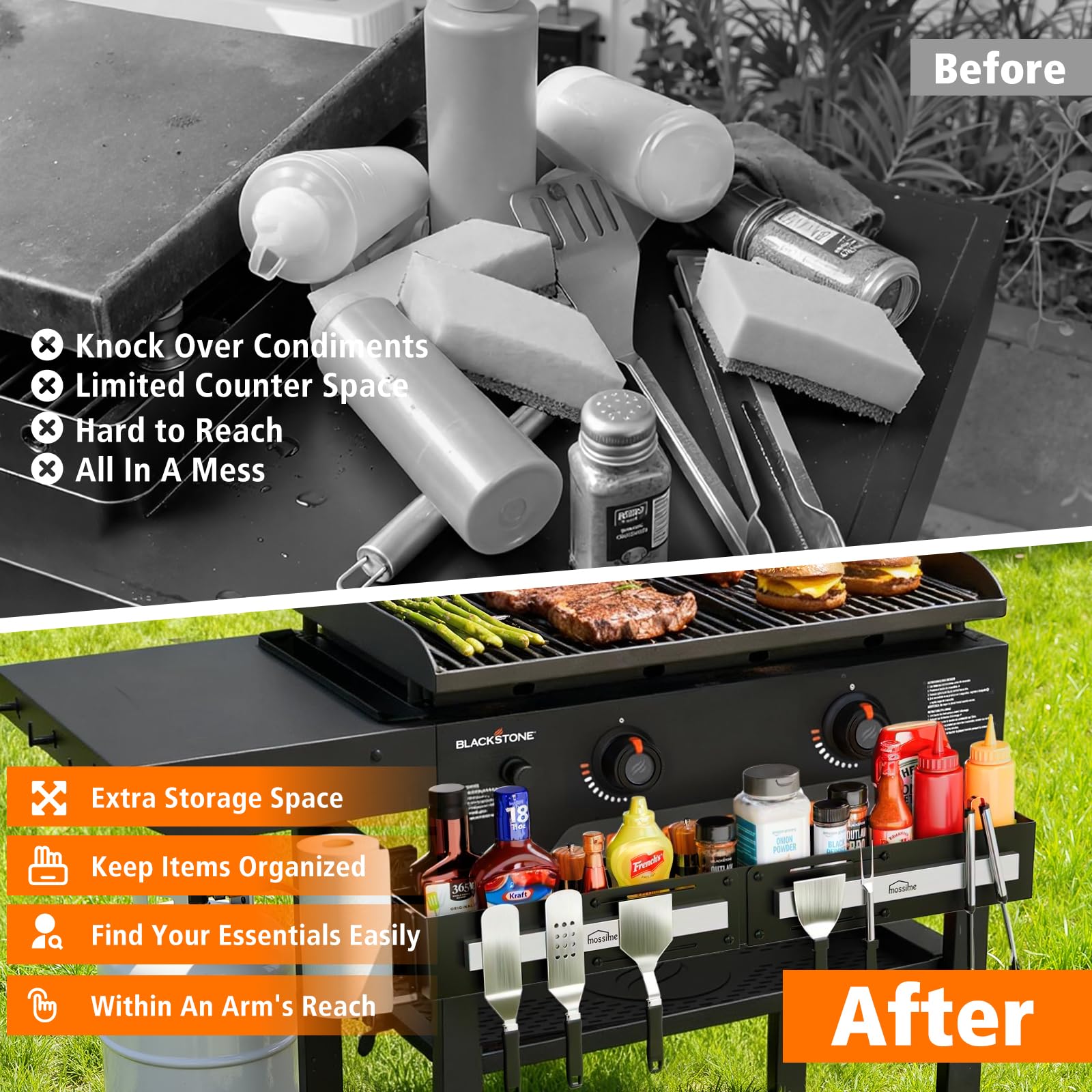 mossime storage tray filled with sauce bottles and seasonings benefit: frees side shelves