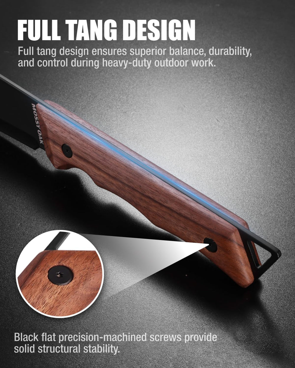 Mossy Oak blade edge detail showing 5Cr15Mov steel and corrosion-resistant finish