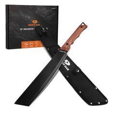 Mossy Oak front profile of machete showing full blade and walnut handle for reliable cutting