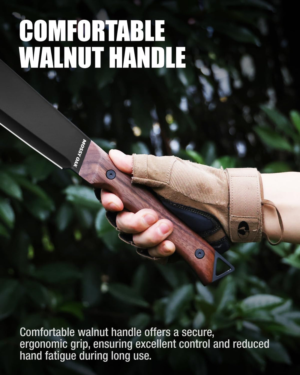 Mossy Oak machete cutting a branch illustrating efficient brush-clearing performance