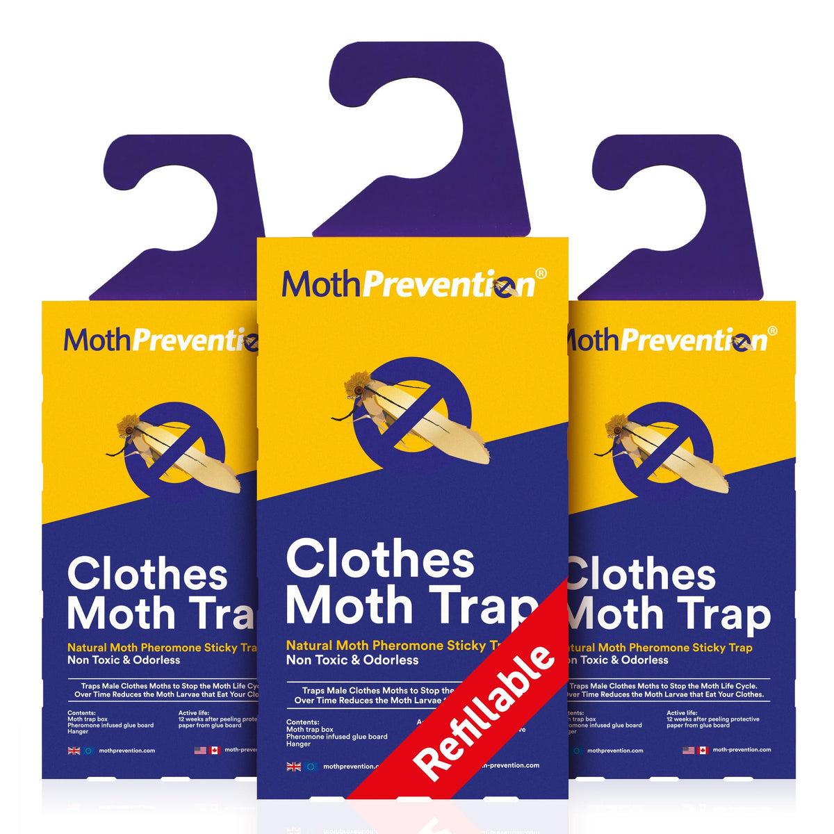 MothPrevention front packaging showing three refillable traps and benefits