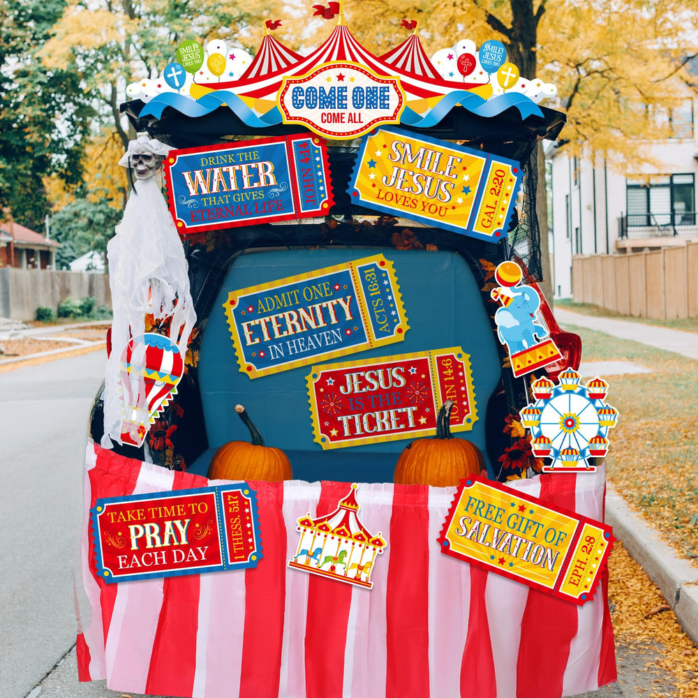 MotiMind decorated car trunk in use creating a welcoming carnival-style treat station