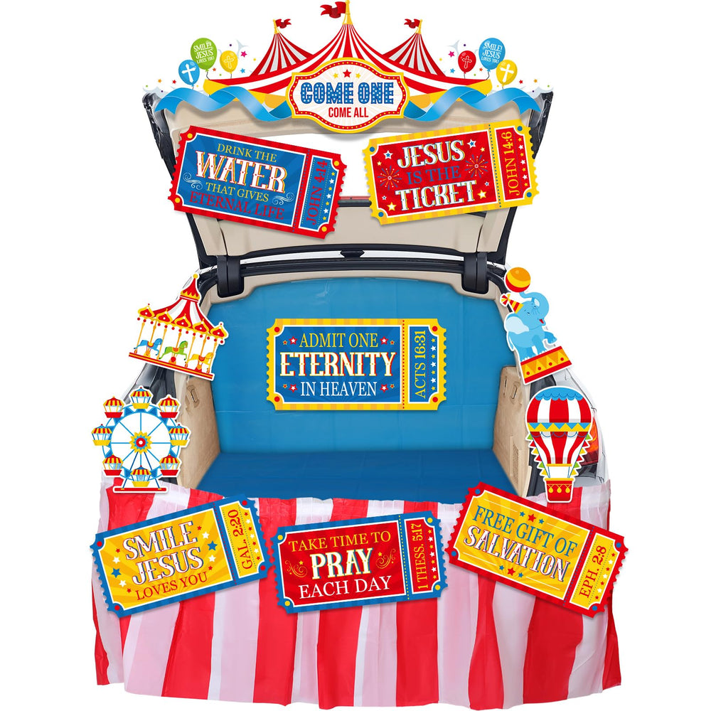MotiMind faith carnival awning front view showing bold colors and inviting message