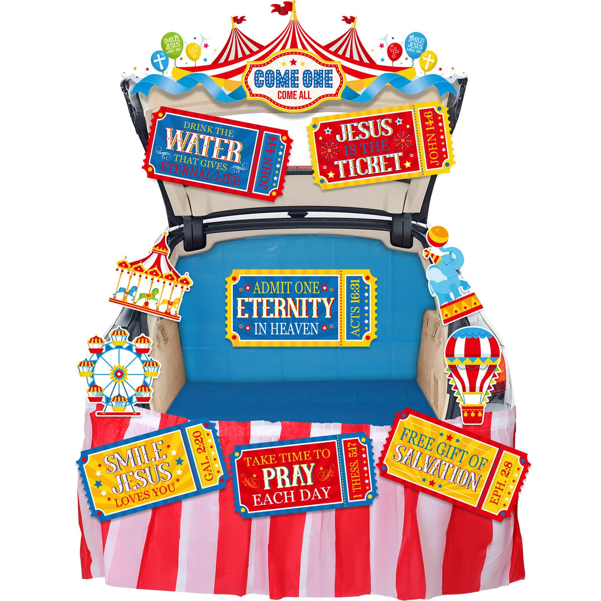 MotiMind faith carnival awning front view showing bold colors and inviting message