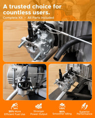 MOTOALL carburetor rear detail highlighting fuel inlet and improved fuel flow