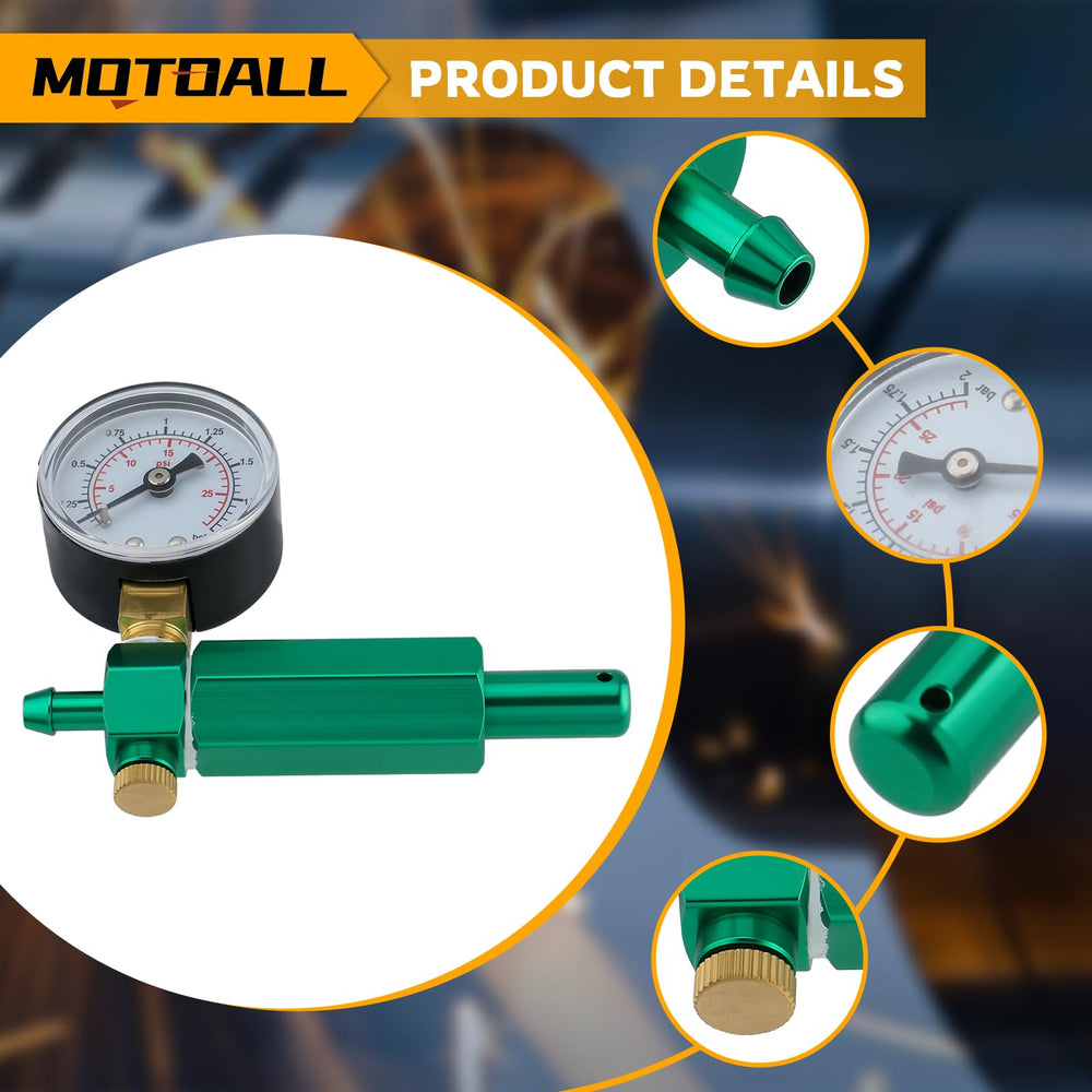 MOTOALL closeup dial face showing 0–100 kPa scale benefit precise leak detection