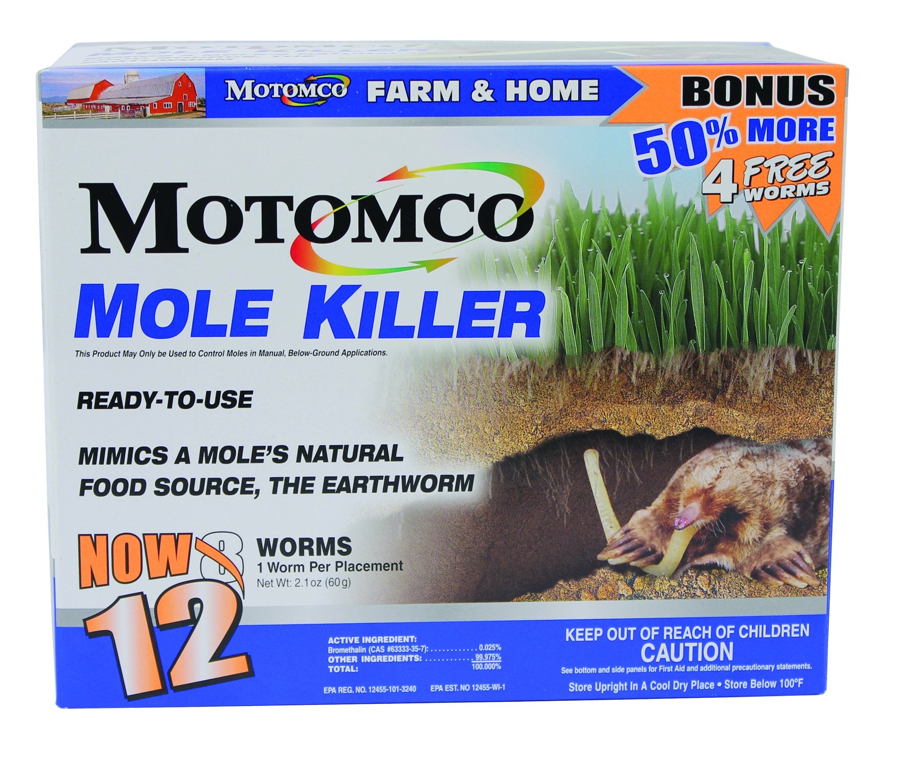 Motomco front packaging showing ready-to-use mole killer and easy application