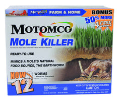 Motomco front packaging showing ready-to-use mole killer and easy application