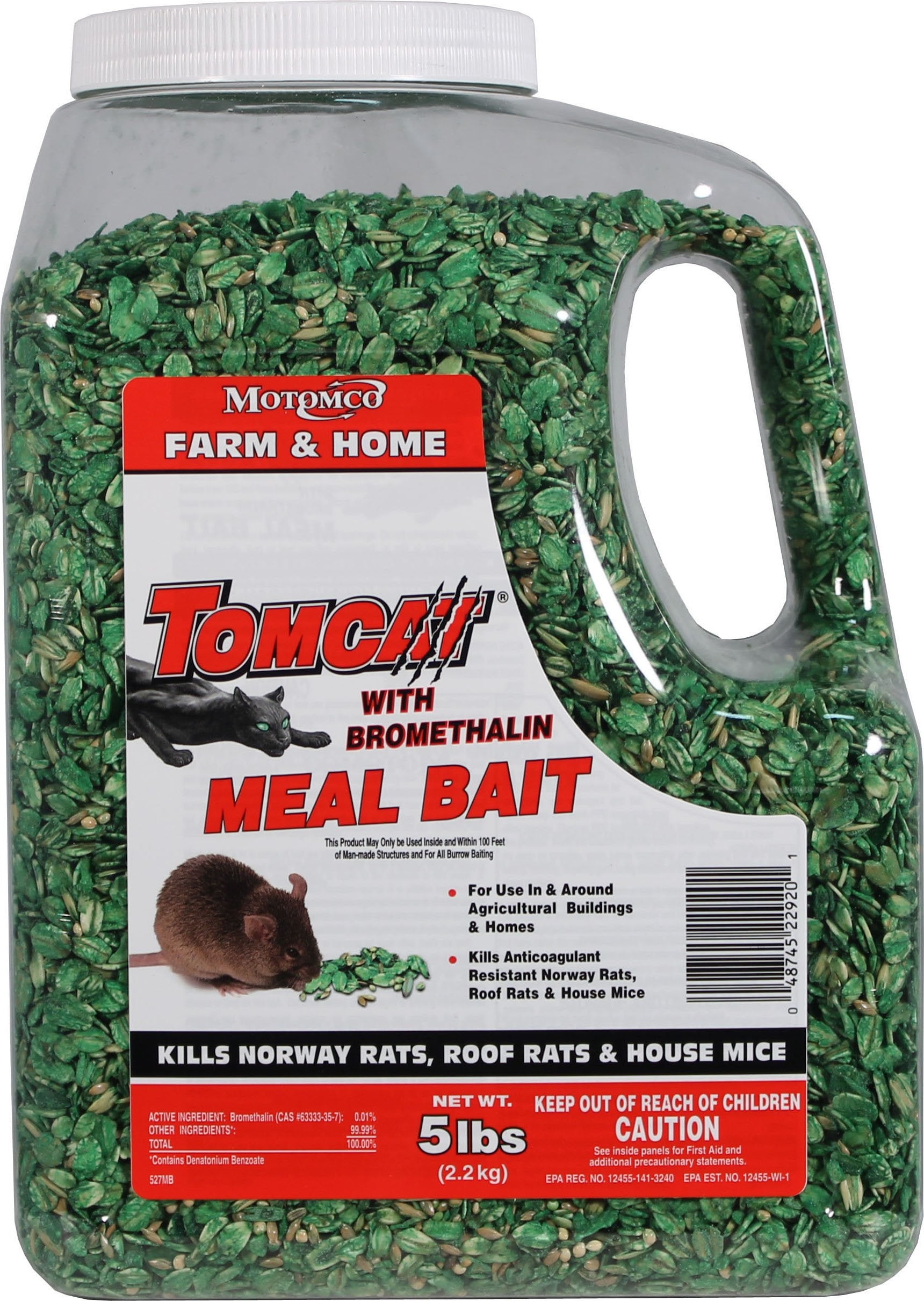 Motomco Tomcat 5 lb tub front packaging showing label and bait benefits