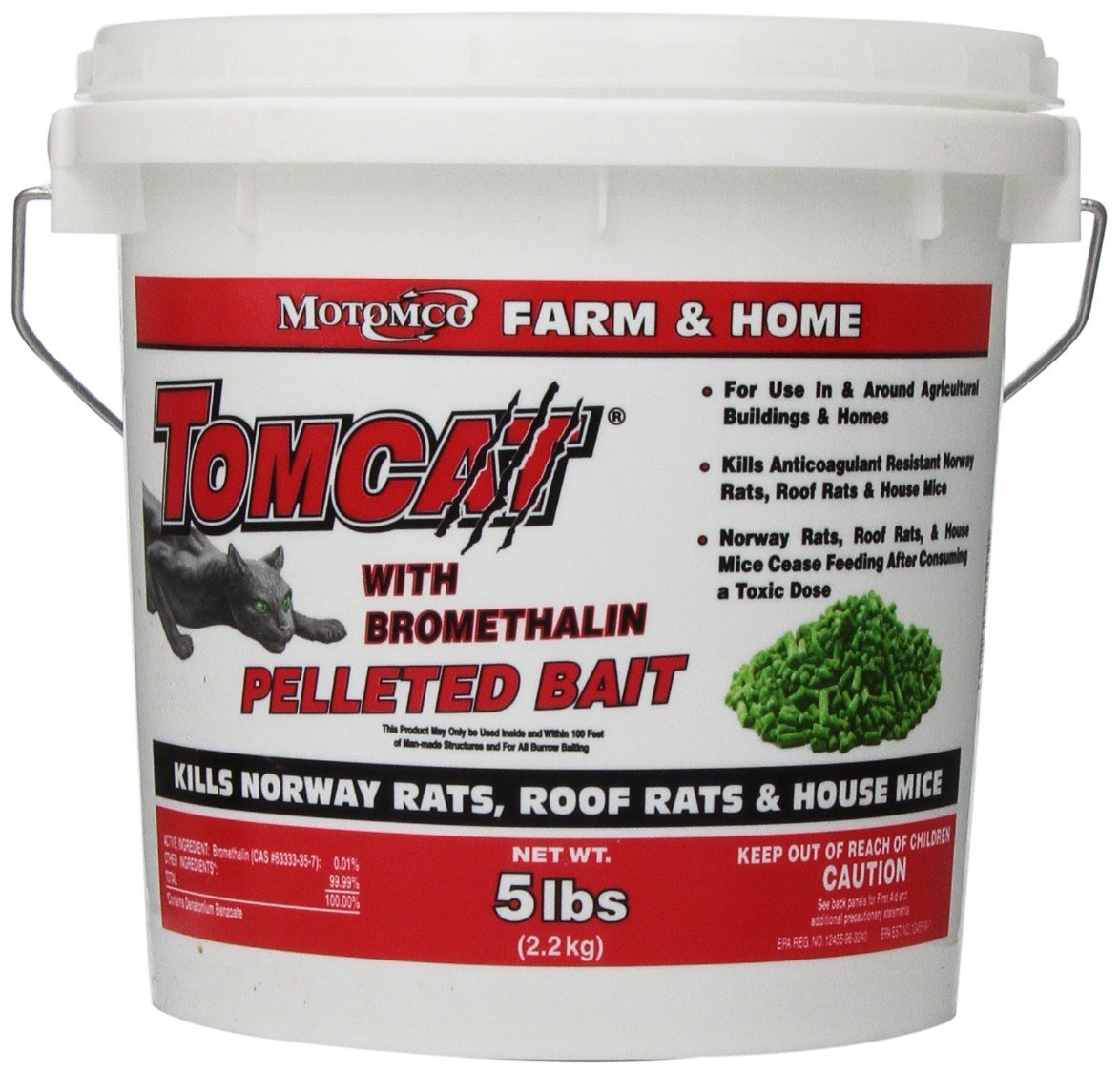 Motomco Tomcat front packaging showing 5‑pound farm bait, clear labeling and usage benefit