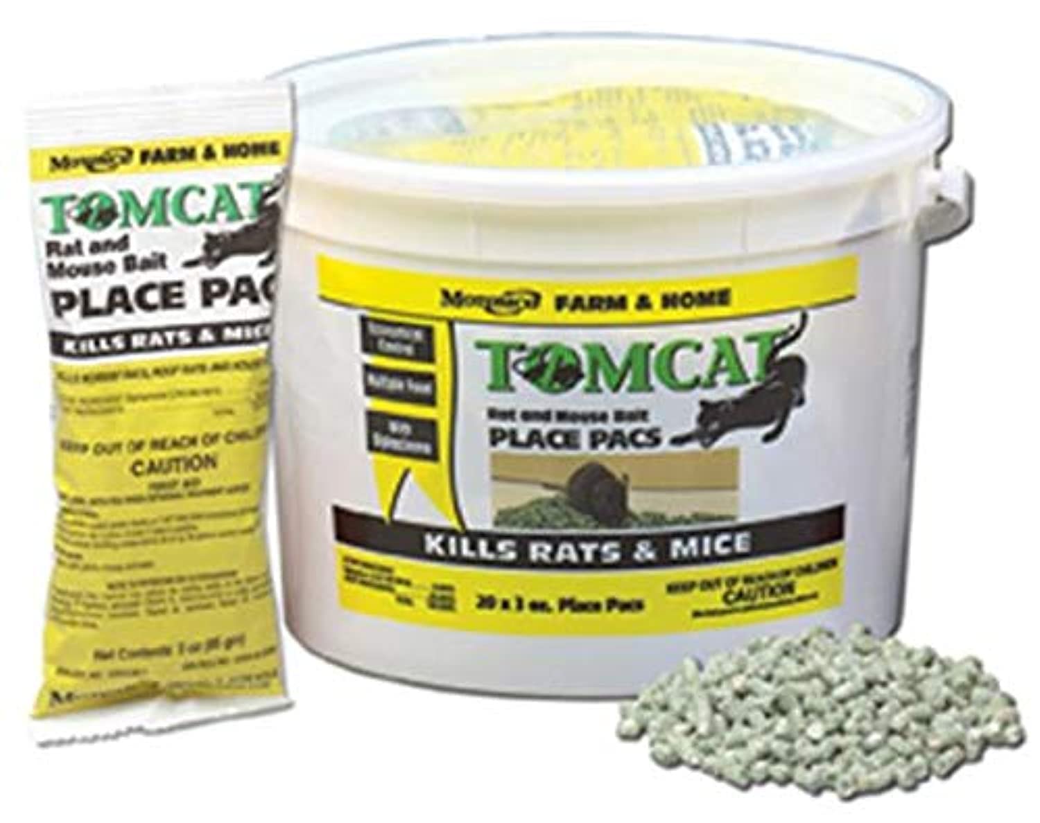 Motomco Tomcat pail front packaging showing 22‑count supply and durable lid benefit