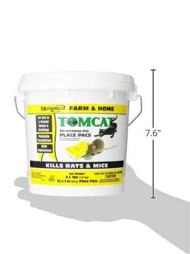 Motomco Tomcat pail held in hand showing scale and convenient farm‑ready packaging