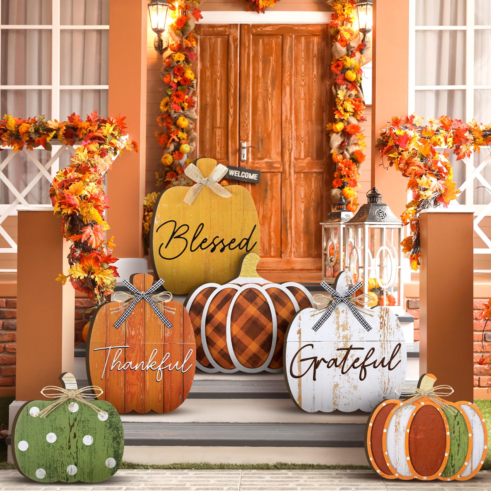 Moucuny front view of six pumpkin signs creating immediately cozy curb appeal