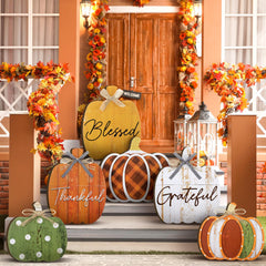 Moucuny front view of six pumpkin signs creating immediately cozy curb appeal
