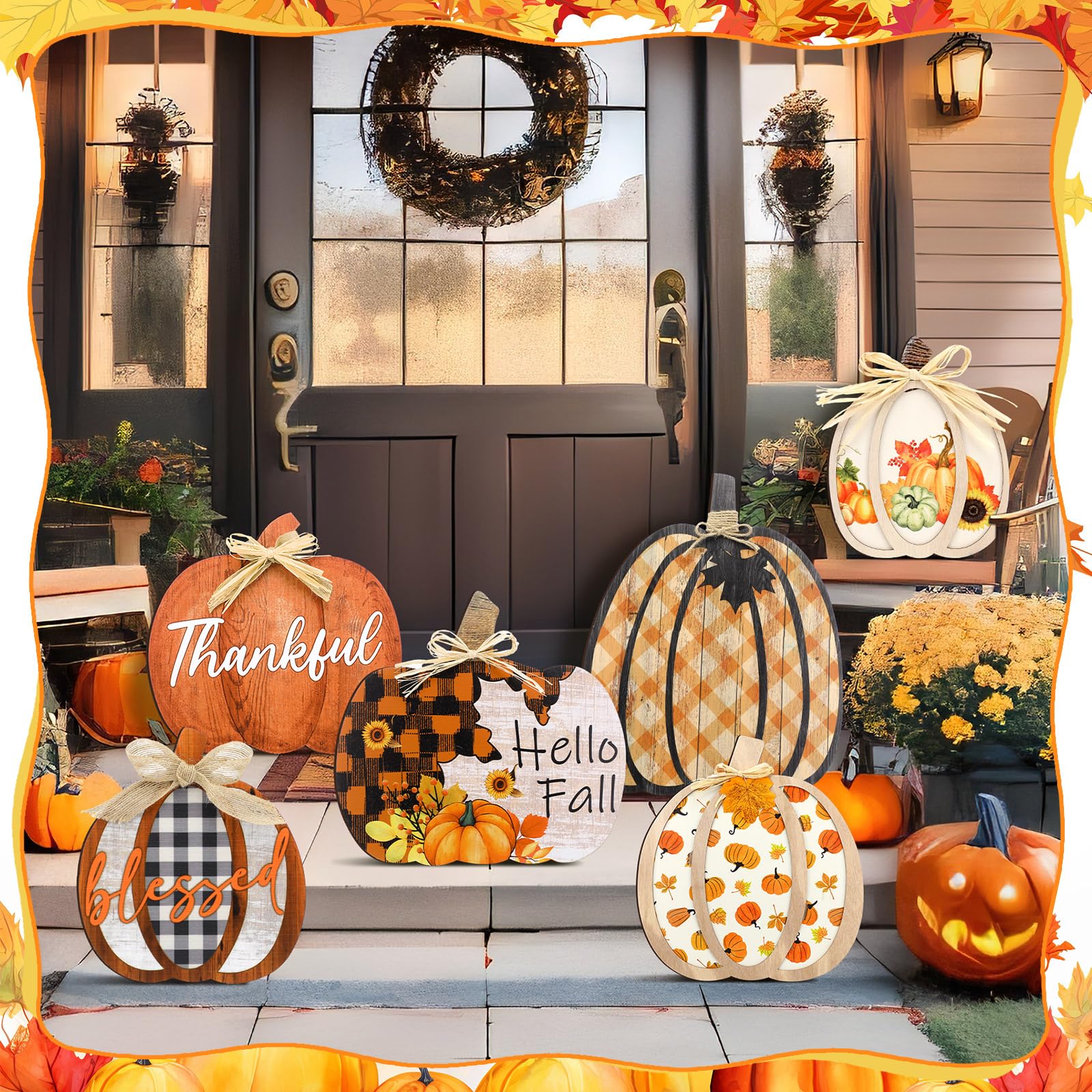 Moucuny size comparison of pumpkins on a step demonstrating layered visual impact