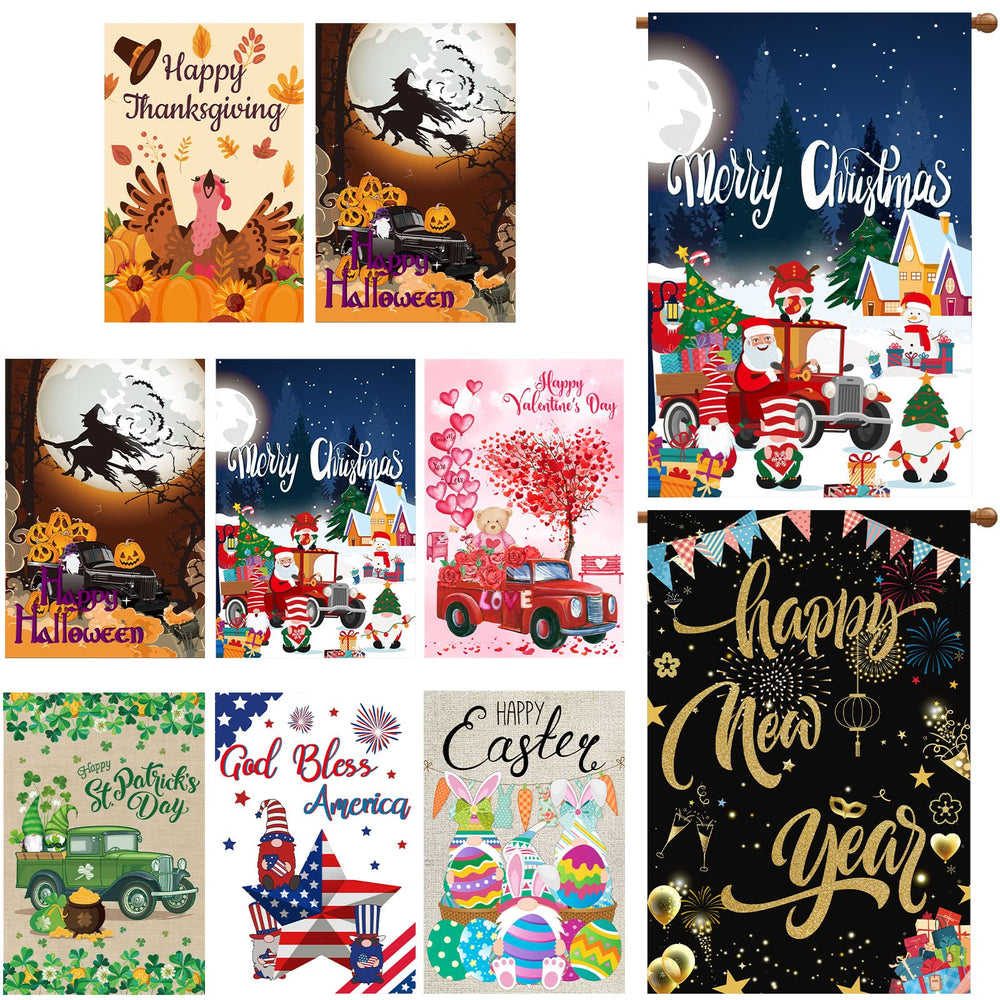 Moukeren front pack display showing all eight seasonal flag designs and variety