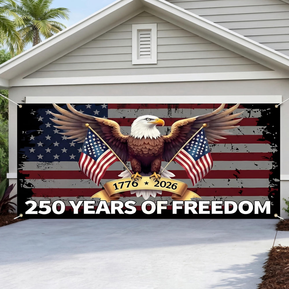 Moukeren front view garage cover showing bold flag design and curb appeal