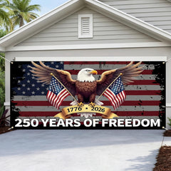 Moukeren front view garage cover showing bold flag design and curb appeal