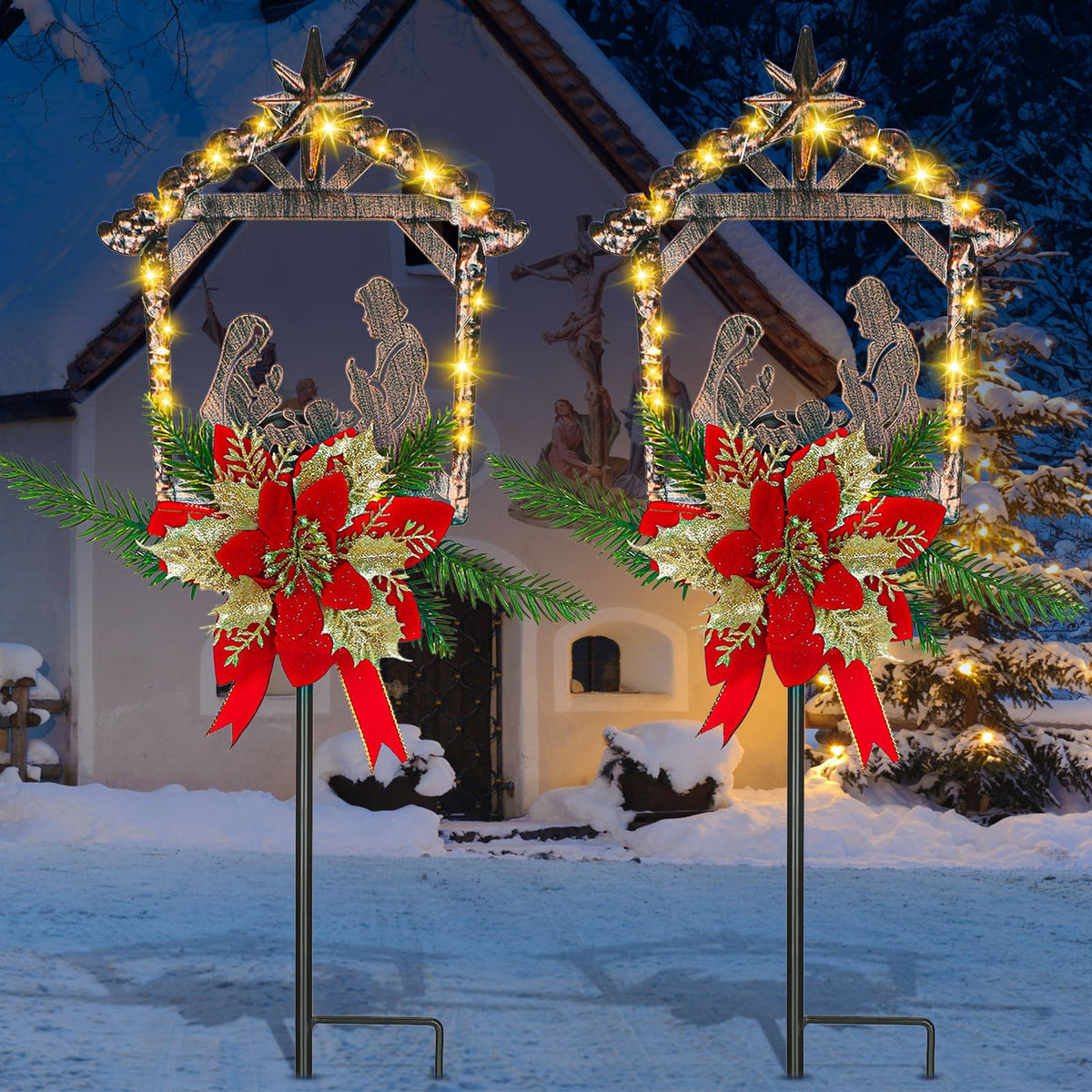 Moukeren front view of two nativity stakes creating curb appeal