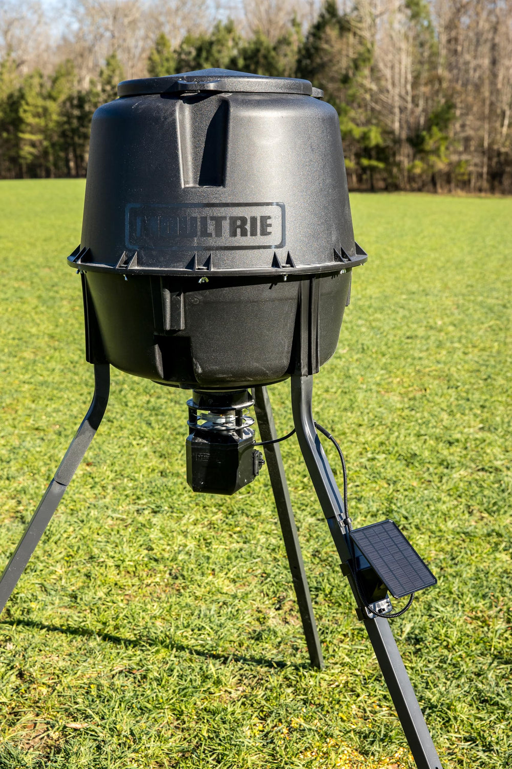 Moultrie solar panel installed in a field setting providing low-maintenance feeder power