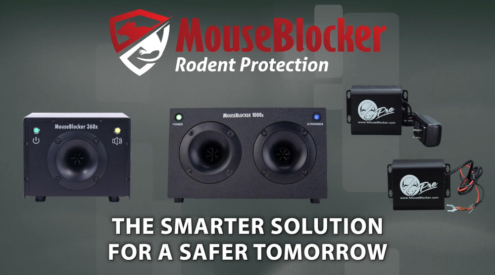 MouseBlocker Prox in a garage setting near vehicles portraying practical use for car and RV owners