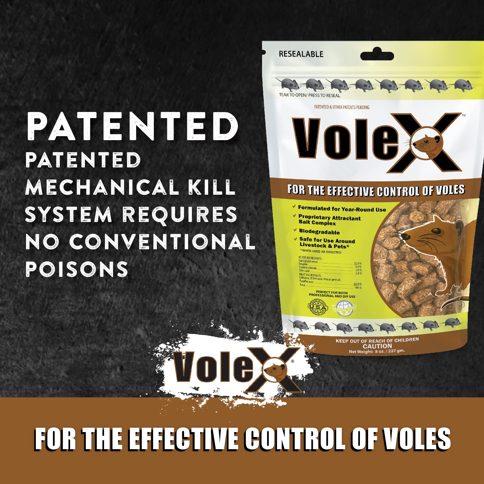 MouseX VoleX pellets beside a ruler showing pellet size for easy handling