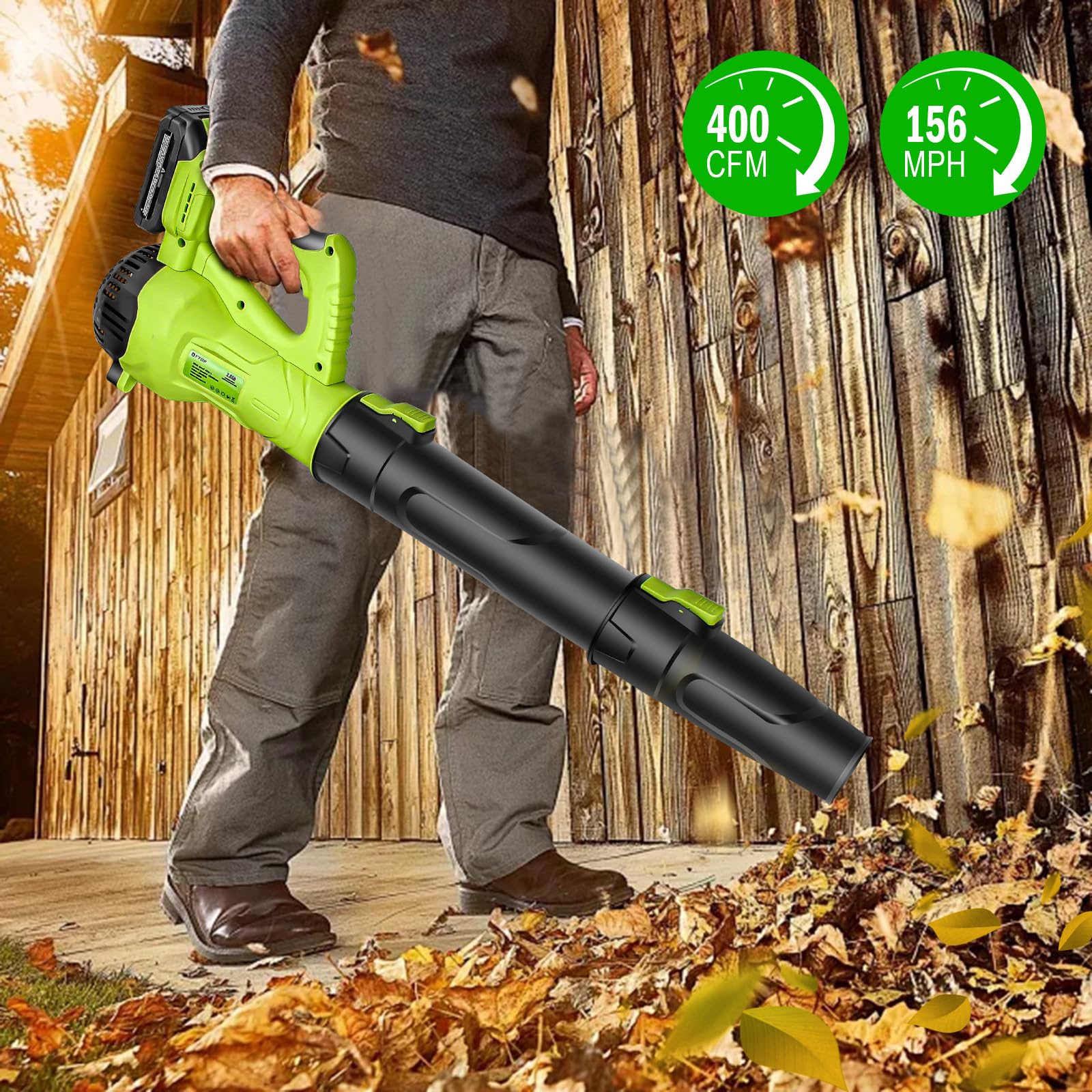 Moutec blower in use on a yard demonstrating quick leaf removal benefit