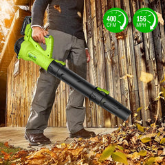 Moutec blower in use on a yard demonstrating quick leaf removal benefit