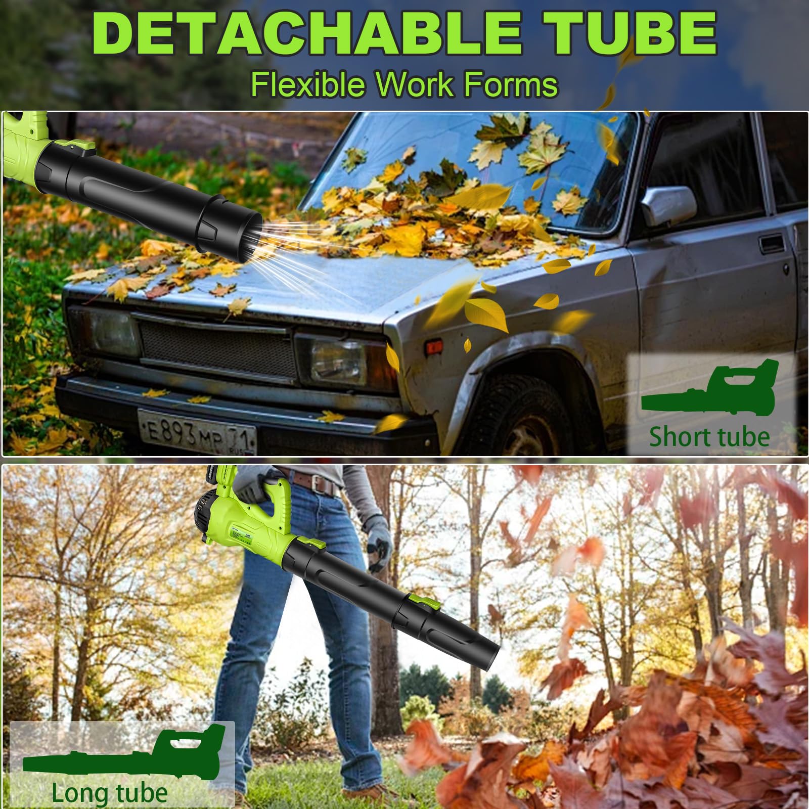 Moutec size comparison next to a rake showing compact, easy-store benefit