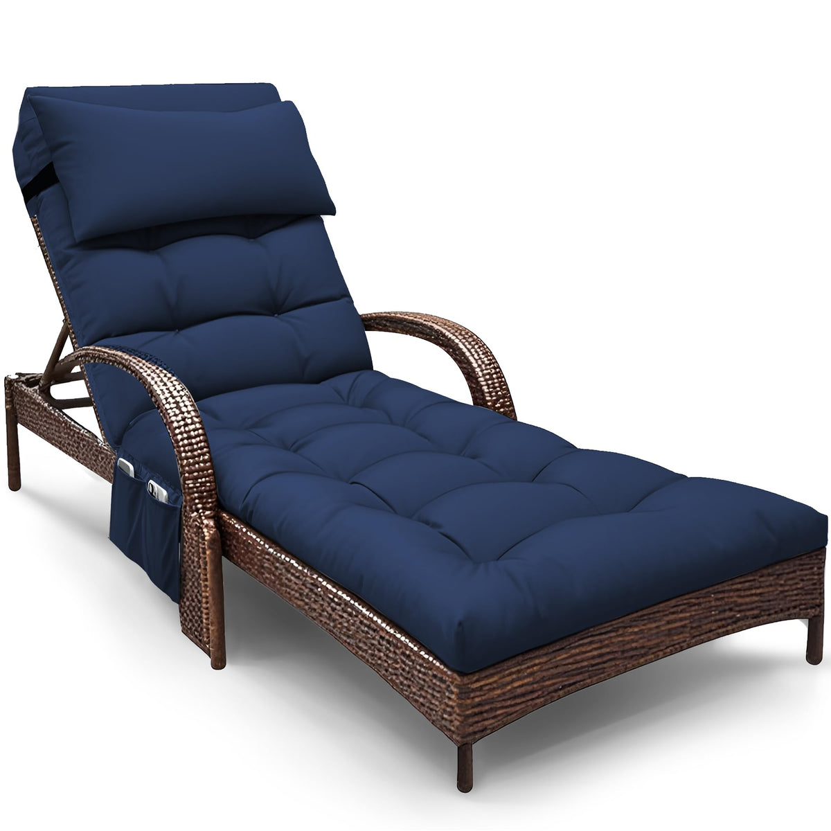 Moutosne front view of blue chaise cushion showing full coverage and neat seams for comfort