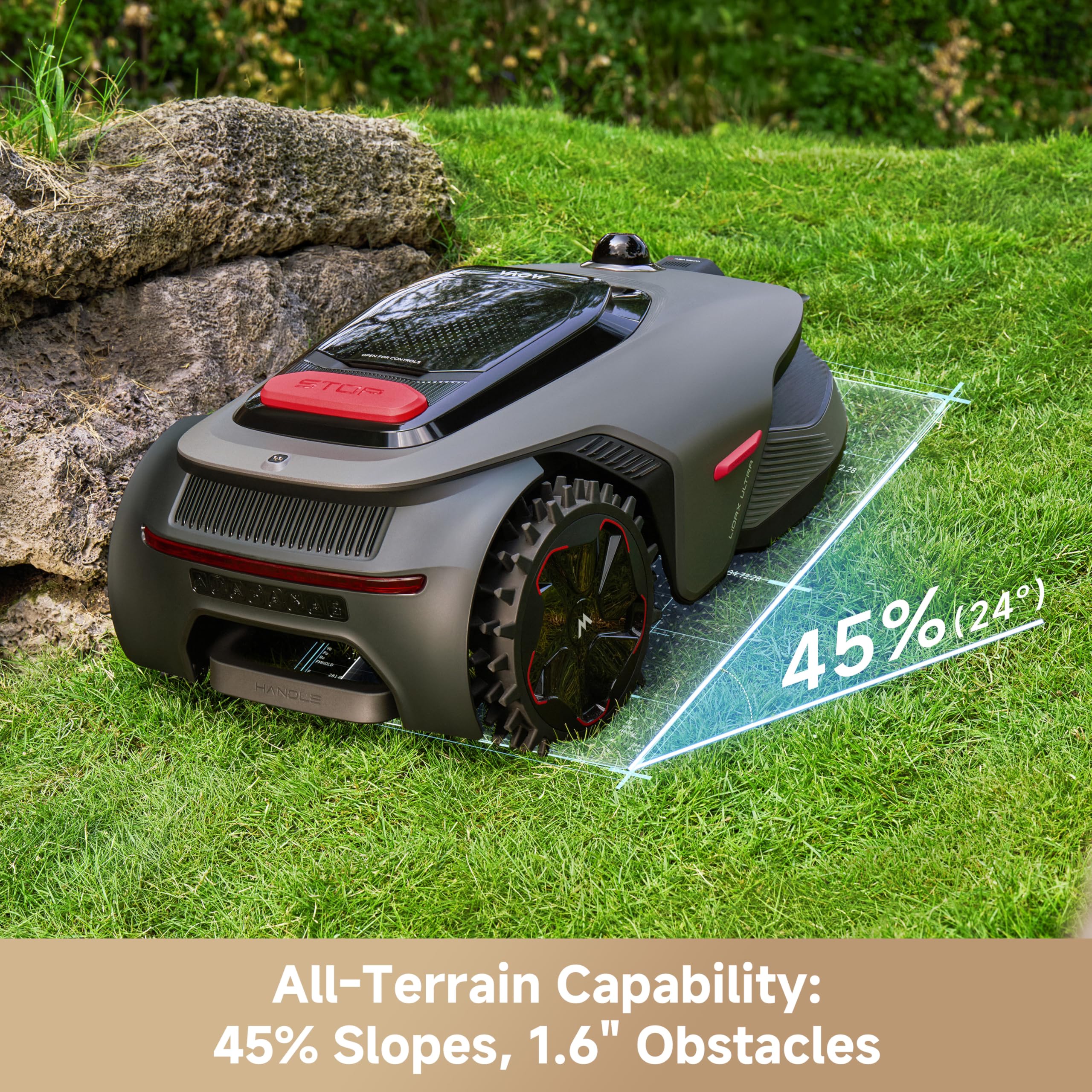 MOVA mower climbing a steep 45% slope to show uphill performance and stability